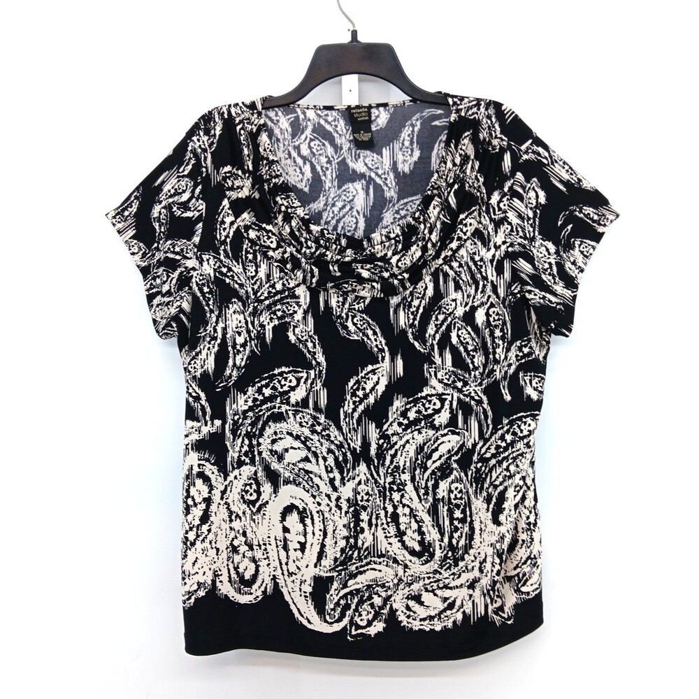 Rafaella Blouse Women Size 1X Black White Paisley Short Sleeve Cowl Neck Top
